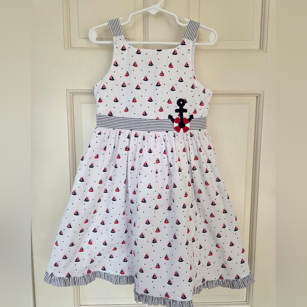 Florence Eisman Nautical White , blue and Red Kids seersucker Dress